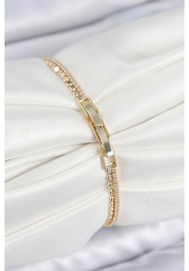 Pirinç Zirkon Taşlı Ezme Zincirli Sıralı Model Gold Renk Kadın Bilekilk - Tj-bb7655 Çok Renkli