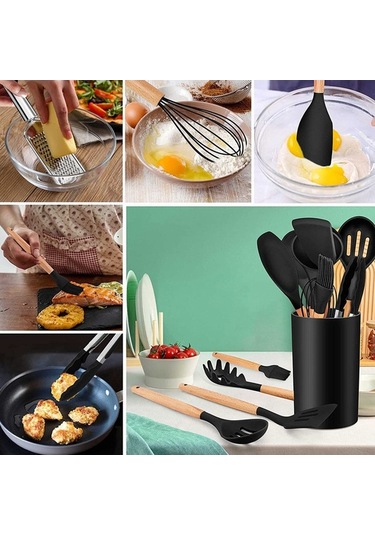 12 Parça Ahşap Saplı Siyah Silikon Mutfak Seti - Mikrodalga, Fırın, Bulaşık Makinesi Uyumlu Siyah