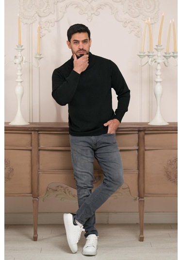 Woolen World Balıkçı Yaka Kalın Yünlü Erkek Triko Kazak Siyah