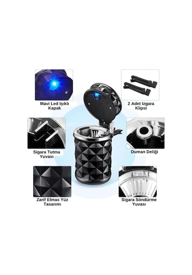 Kristal Pırlanta Taş Görünümlü Mavi Led Işıklı Lüx Oto Küllük Kapaklı Araç İçi Küllük Siyah