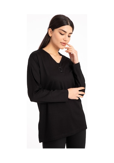 Kadın Orta Yaş ve Üzeri Dört Mevsim V Yaka Rahat Kalıp Likralı Viskoz Anne Penye Bluz 140-Siyah