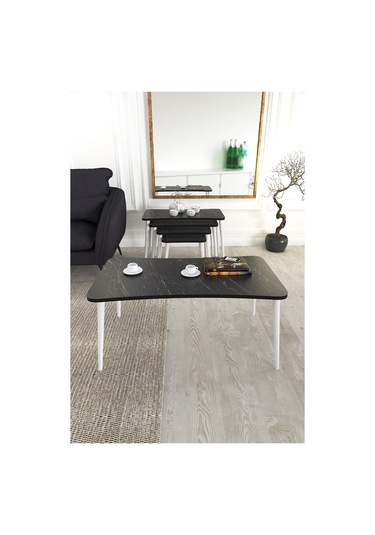 Alanur 5li Orta Sehpa Ve Zigon Sehpa Ahşap Ayaklı Çay Kahve Sehpası Xl Salon Seti Siyah Mermer