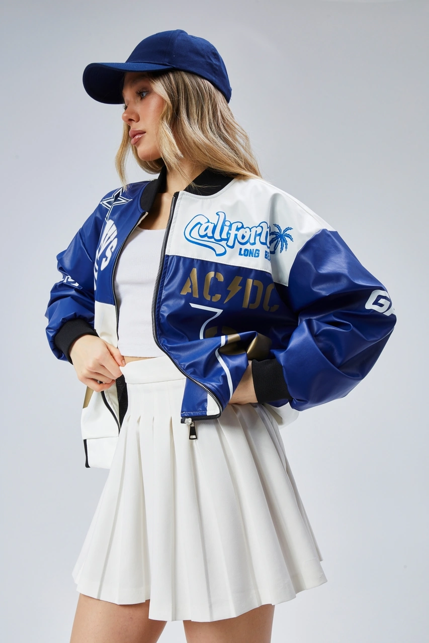 Kadın Oversize Baskılı Deri Motorcu Montu Fermuarlı Yarışçı Ceket Astarlı Bomber Kolej Mont Mavi