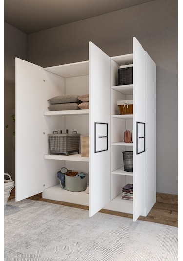 Merlin Mobil Zarif 3 Kapaklı 8 Bölmeli Siyah Şeritli Beyaz Dolap