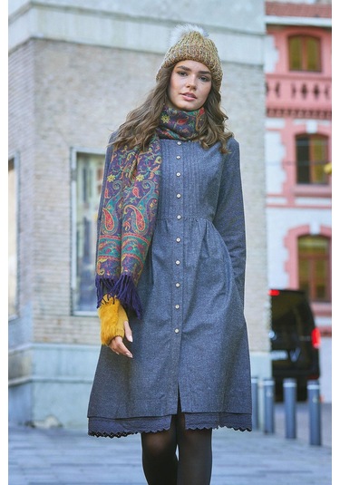 Nervürlü Yaka Dantelli Uzun Kollu Gri Elbise Desenli