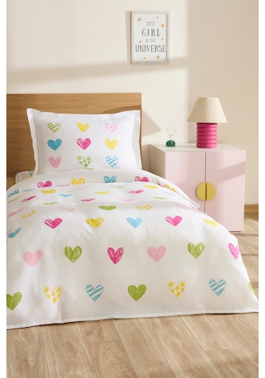 Karaca Home Young Color Heartz %100 Pamuk Tek Kişilik Pike Takımı Beyaz