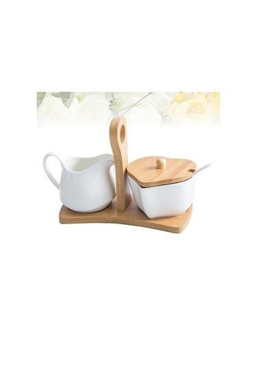 Seramik Şeker Kasesi Ve Krem Sürahisi Bambu Tepsisi Ve Kaşıkla Set Ev Otel Şeker Ve Krema Seti Şeker Ve Amp Krema Tencere 4 Izgara