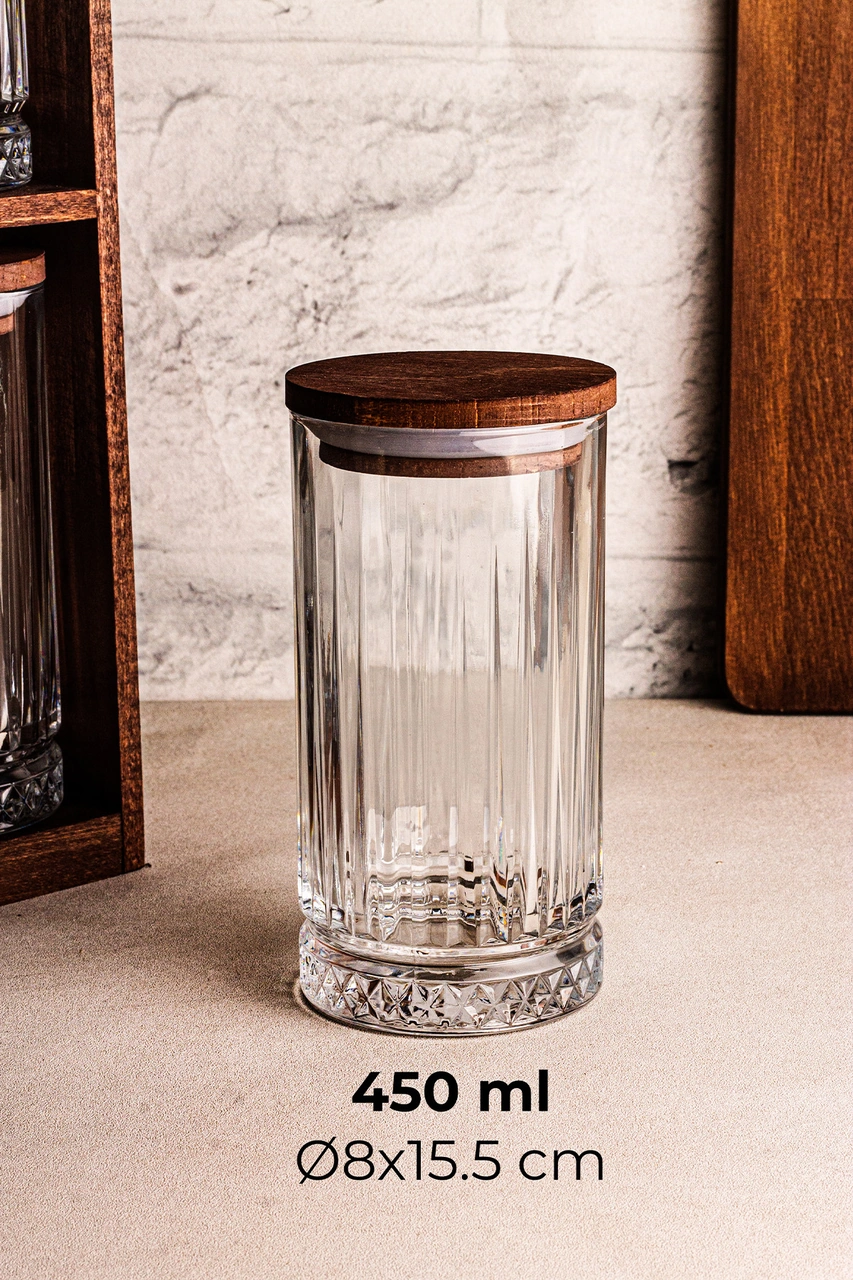 Mira Büyük - 8'li Ahşap Standlı Vakumlu Ahşap Kapaklı Cam Baharatlık Takımı Saklama Kabı Seti 445 Ml Ahşap