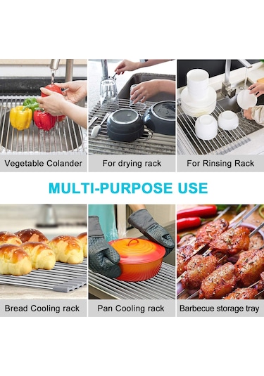 Yaleker Katlanabilir Paslanmaz Çelik Ve Silikon Kurutma Rafı - Mutfak Eşyaları Ve Sebzeler İçin Çok Amaçlı Gri