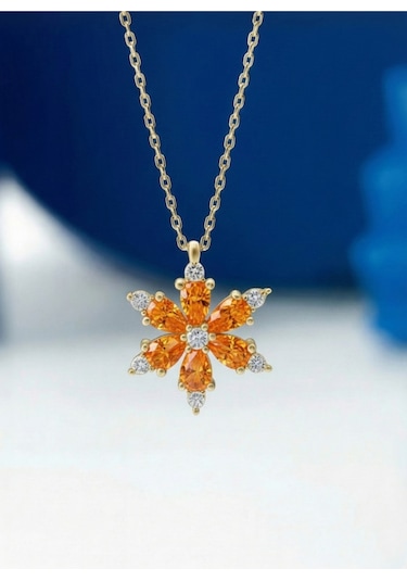 Çekirdekjewelry 925 Ayar Gümüş Turuncu Taşlı Kamelya Çiçeği Kolye Sarı Turuncu