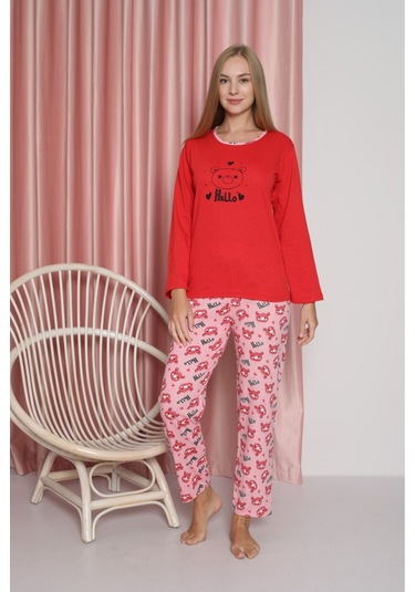 Kadın Penye Sıfır Yaka Uzun Kollu Pijama Takımı Kırmızı