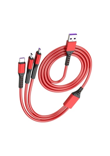 Hasır, 3 İn 1, Şarj Kablosu, Lightning & Micro Usb, Type-c, Ios, - Kırmızı