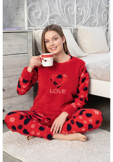 Mtn Kalp Desenli Polar Kadın Pijama Takımı Kırmızı