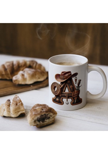 A Harfi Kovboy Temalı Bardak 330 Ml İsim / Harf Kişiye Özel Hediye - Vahşi Batı Konsept Beyaz