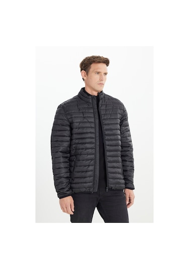 Erkek Sıyah Sıcak Tutan Standart Fit Normal Kesim Dik Yaka Yan Cepli Mont Siyah