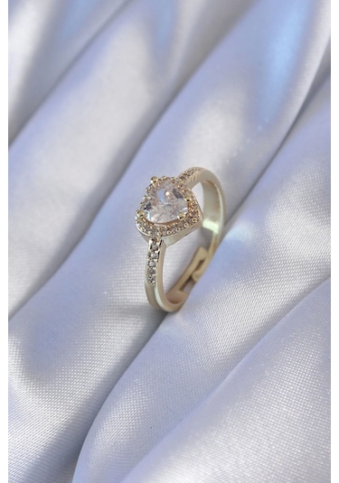 Gold Renk Zirkon Taşlı Kalp Model Pirinç Charm Kadın Yüzük Çok Renkli