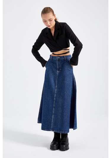 Itsbasic Kadın Mavi Renk Vinca A Tipi Kesim Denim Etek