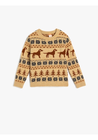 Koton Bisiklet Yaka Uzun Kollu Desenli Triko Kazak Bej 5wmb90014tt Ekru