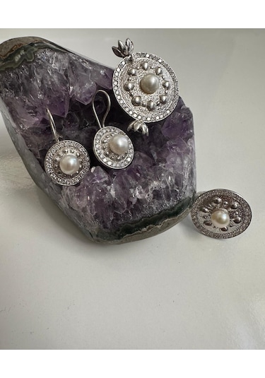 İnci Ve Zirkon Taşlı Gümüş Set Takım 925 Ayar 23,48 Gram