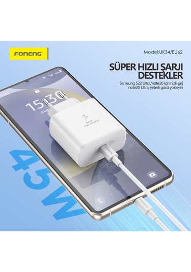 Foneng EU62 GaN 45W PD Type-c Girişli Hızlı Şarj Adaptörü Siyah