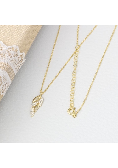 Nagiss Yaprak Model Zirkon Taşlı 925 Ayar Gümüş Gold Rengi Kadın Kolye Gold