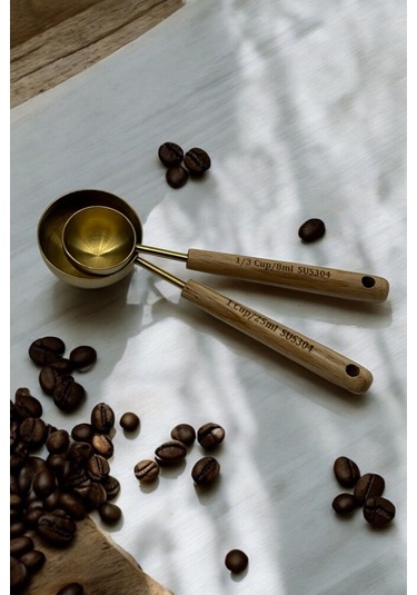 Morponi 2'li Ahşap Saplı Ölçü Kaşığı 8 Ml- 25 Ml Gold