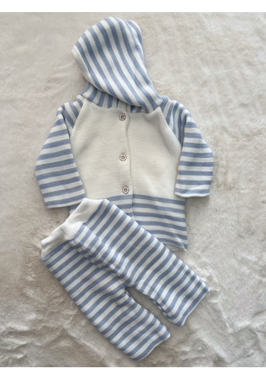 Örgü Kapşonlu Çizgili Çift Kat Hırka Taş