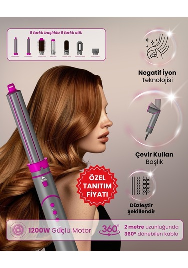Mieco Aria 8 In Iyon Özellikli 1 Saç Kurutma Ve Şekillendirme Seti Pink