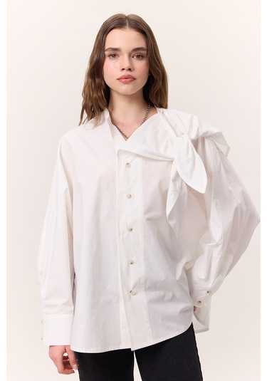 Bağlamalı Detaylı Tasarım Gömlek Ekru Ekru