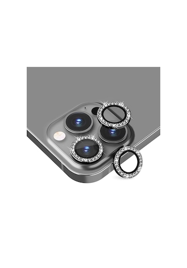 Apple Uyumlu iPhone 14 Pro / 14 Pro Max Taşlı Metal Kamera Lens Koruyucu 3lü Set Siyah