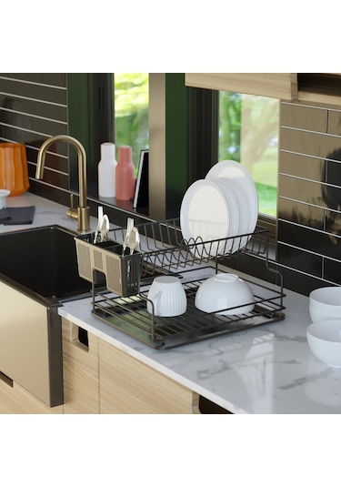 Teknotel İki Katlı Tabaklık Bulaşıklık Mat Siyah Kb005