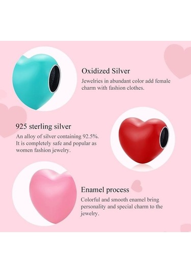 Novahub 925 Ayar Gümüş Kalp Şekli Boncuk Fit Bilezik, Pembe, Kırmızı, Mavi Renkli Emaye, Wostu Tasarım, Kadın Takı Pembe