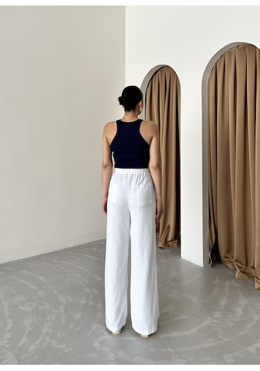 Beyaz Beli Lastikli Pamuklu Keten Pantolon Beyaz