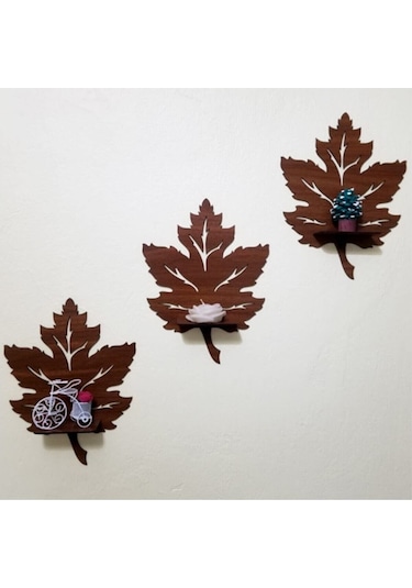 Alshop Ahşap Yaprak Duvar Süsü Dekoru Rafı Mumluk Aplik Tablo 3'lü