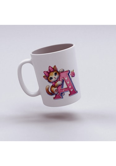 A Harfli Bardak, Sevimli Kedili Pembe Tasarım Bardak, Arkadaşa Aileye Hediye Porselen Beyaz