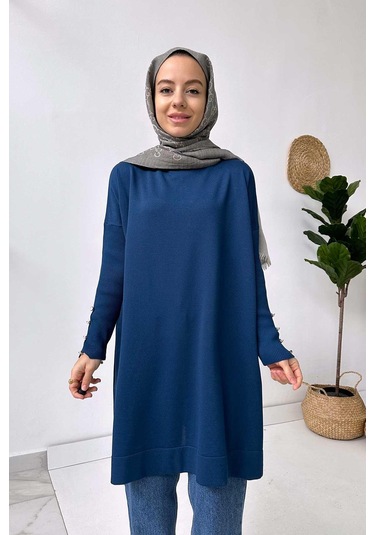 Kol Detay Merserize Tunik - Petrol Petrol Mavi