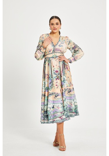 Kadın Desenli V Yaka Elbise Uzun Kollu, Kuşaklı, Astarlı Bej