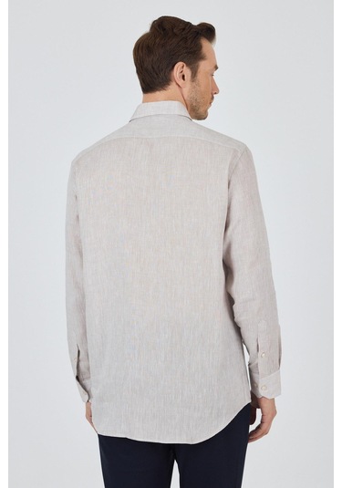 Uzun Kol Düz Keten Düğmeli Yaka Cepsiz Casual Comfort Fit Gömlek 1004250114 Açık Vizon