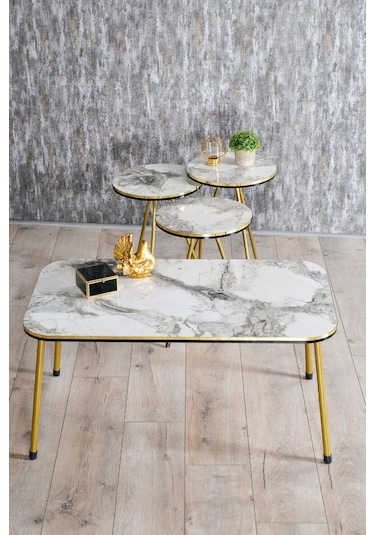 Zigon Sehpa Ve Orta Sehpa Kr Set Çift Gold Efes  Metal