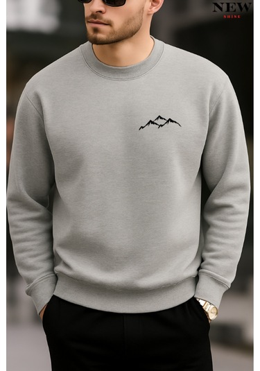 Dağ Baskılı Bisiklet Yaka Sweatshirt Gri