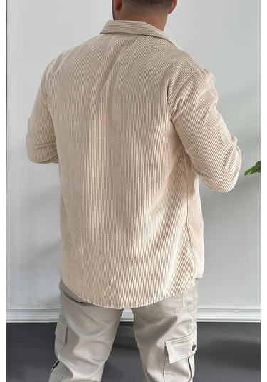 Erkek Kadife Kumaş Gömlek Krem Edw214 Krem