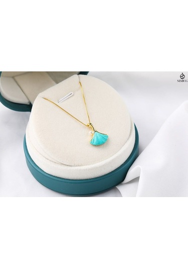 Ginkgo Yaprağı İşlemeli Turkuaz Altın Kaplama İnci Köprücük Kemiği Kolye Altın