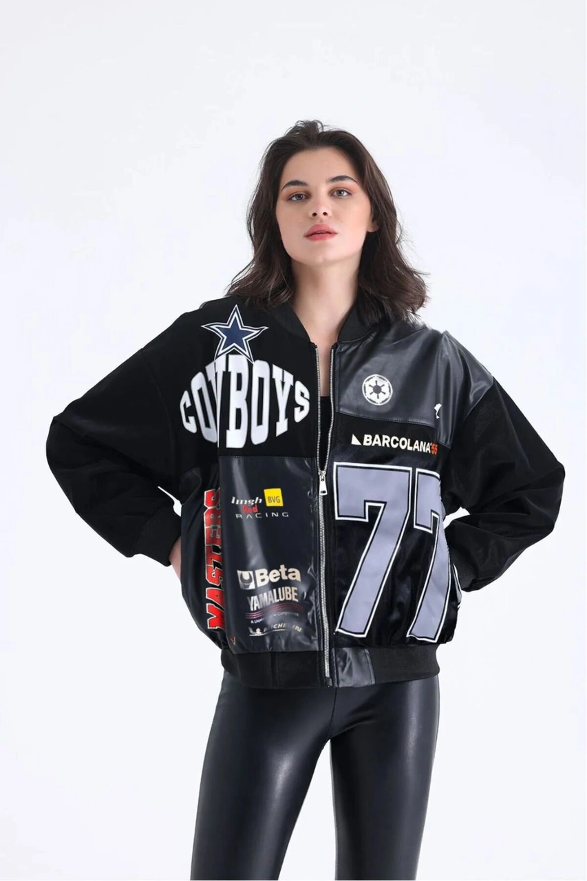 Kadın Oversize Baskılı Deri Motorcu Montu Fermuarlı Yarışçı Ceket Astarlı Bomber Kolej Mont Siyah