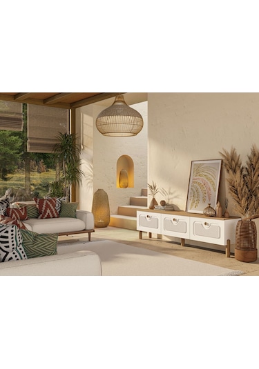 4090 Napoli 180 Cm Membran Mdf Kapaklı Bohem Tv Ünitesi Sepet - Beyaz Beyaz - Meşe