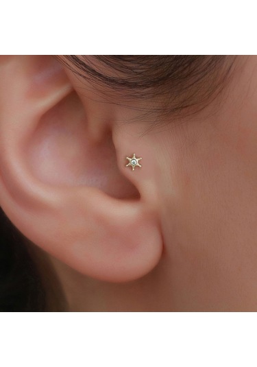 14 Ayar Altın Ortası Taşlı Yıldız Tragus Piercing Sarı