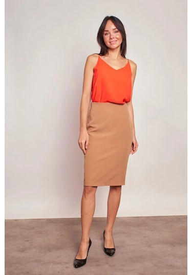Astarlı Yüksek Bel Diz Altı Hafif Likralı Yırtmaçlı Kumaş Ofis Kalem Etek-camel CAMEL
