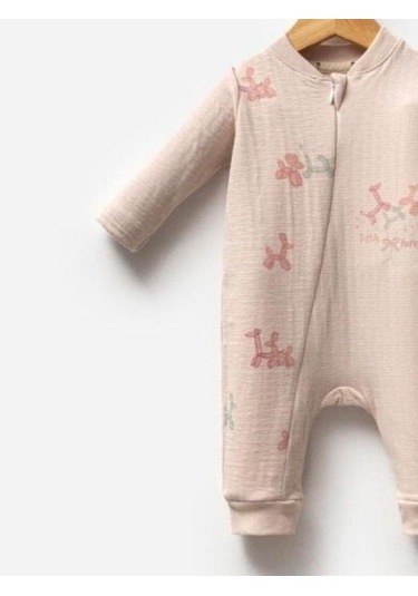 Kız Bebek Desenli Şapkalı Tulum-15304 Bej