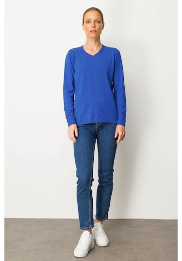 Desen Triko Kadın V Yaka Kolları Düğmeli Simli Bluz 23393 Saks Saks