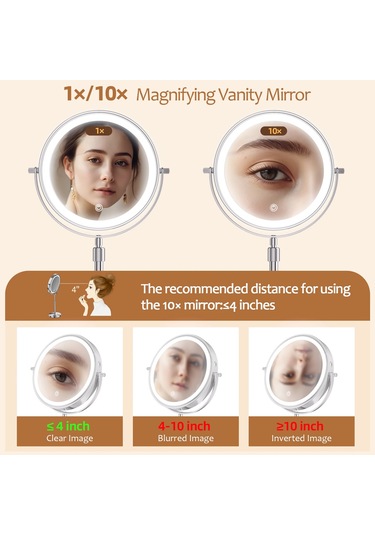 Işık Lambalı 8 İnç Makyaj Aynası 10x Büyütme 3 Renkli Işıklar, Diğer