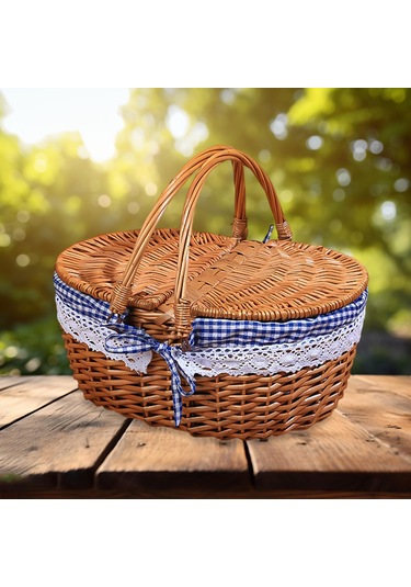 Homyl Piknik Sepeti Kırsal Pratik Hasır Depolama Park Açık Mavi Kareli Çok Renkli